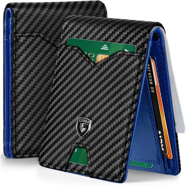 Forrlite Mini Geldbörse Geldbörse Herren Slim Wallet RFID Blocking Kohlefaserleder (Portmonee Herren mit 11 Kartenetui, Ausweisfenster, Geldscheinklammer, Minim