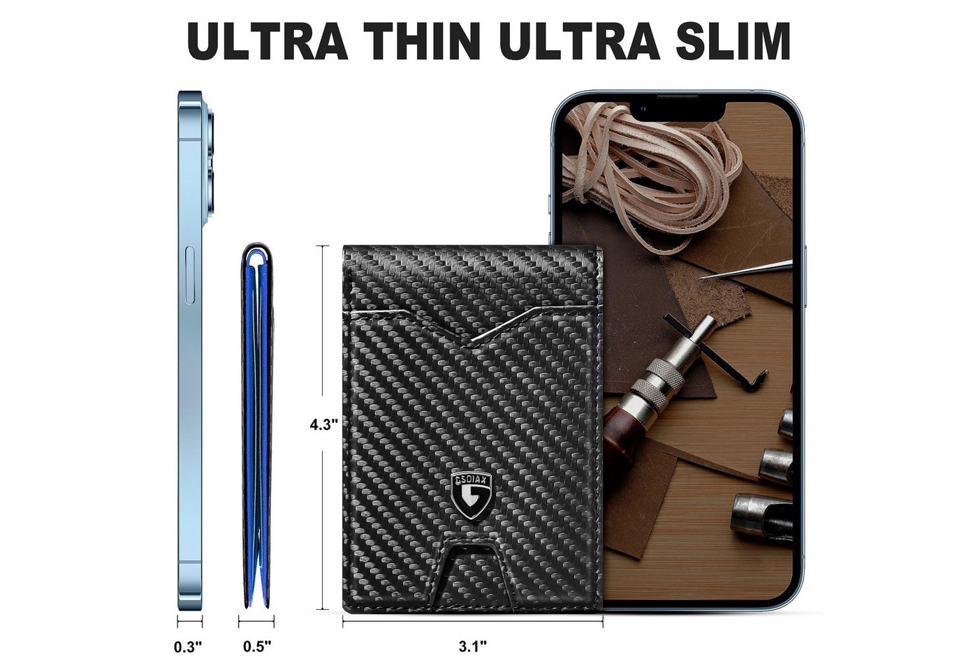 Forrlite Mini Geldbörse Geldbörse Herren Slim Wallet RFID Blocking Kohlefaserleder (Portmonee Herren mit 11 Kartenetui, Ausweisfenster, Geldscheinklammer, Minim – Bild 4 von 5