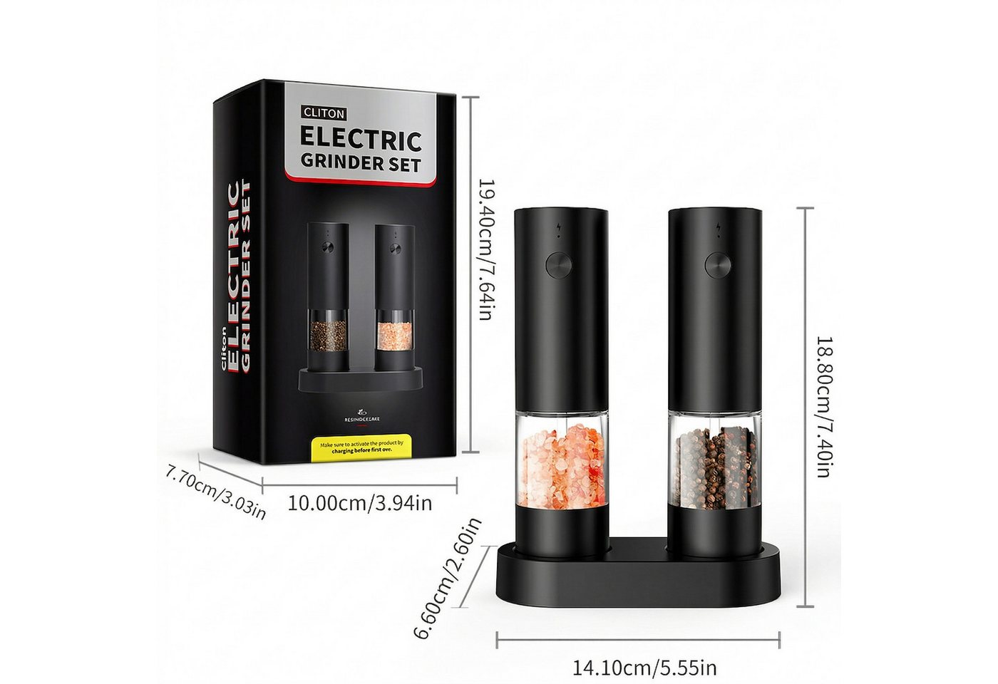 Forrlite Pfeffermühle Pfeffermühle elektrisch, Gewürzmühle elektrisch 2er Set (Wiederaufladbar, LED Beleuchtung, mit einstellbarem Keramikmahlwerk, Reinigungsbü – Bild 2 von 5