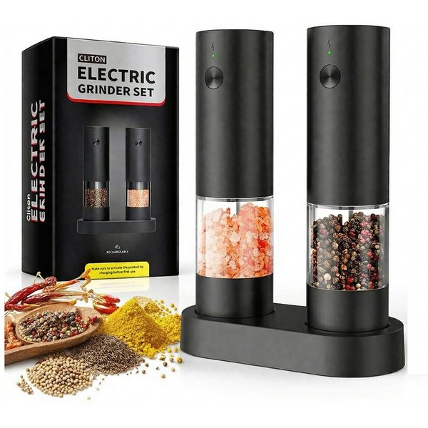Forrlite Pfeffermühle Elektrische - und Pfeffermühle im 2er-Set, USB wiederaufladbar mit kabelloser Ladestation, Automatische, Einhandbedienung, Mahlgrad Einste