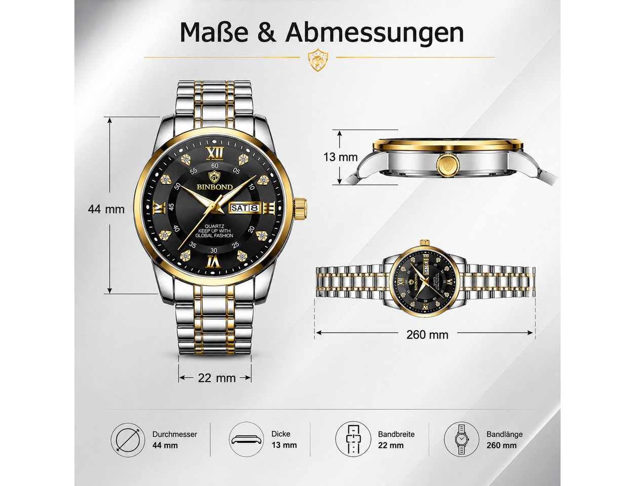 Forrlite Quarzuhr Herren, Herrenuhr, Chronograph, Multifunktionsuhr, (Armbanduhr, Businessuhr, Analoguhr mit Edelstahlarmband), Mineralglas, Leuchtfunktion, Ede – Bild 2 von 5