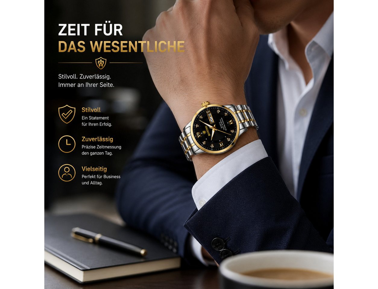 Forrlite Quarzuhr Herren, Herrenuhr, Chronograph, Multifunktionsuhr, (Armbanduhr, Businessuhr, Analoguhr mit Edelstahlarmband), Mineralglas, Leuchtfunktion, Ede – Bild 4 von 5