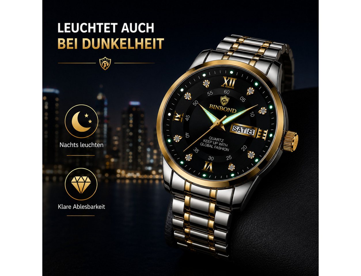 Forrlite Quarzuhr Herren, Herrenuhr, Chronograph, Multifunktionsuhr, (Armbanduhr, Businessuhr, Analoguhr mit Edelstahlarmband), Mineralglas, Leuchtfunktion, Ede – Bild 5 von 5