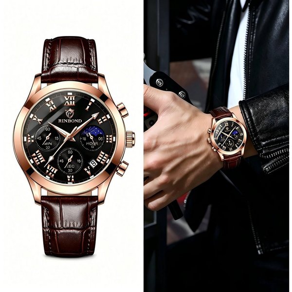 Forrlite Quarzuhr Herren, Lederuhr, Businessuhr mit braunem Lederarmband, (Analoguhr, Dresswatch für Büro, Freizeit und besondere Anlässe), 43 mm, 3 ATM, PE90, 