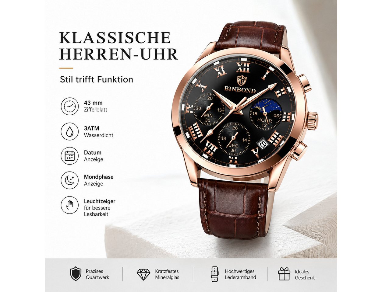 Forrlite Quarzuhr Herren, Lederuhr, Businessuhr mit braunem Lederarmband, (Analoguhr, Dresswatch für Büro, Freizeit und besondere Anlässe), 43 mm, 3 ATM, PE90,  – Bild 2 von 5