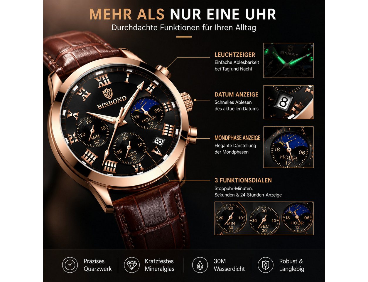 Forrlite Quarzuhr Herren, Lederuhr, Businessuhr mit braunem Lederarmband, (Analoguhr, Dresswatch für Büro, Freizeit und besondere Anlässe), 43 mm, 3 ATM, PE90,  – Bild 3 von 5