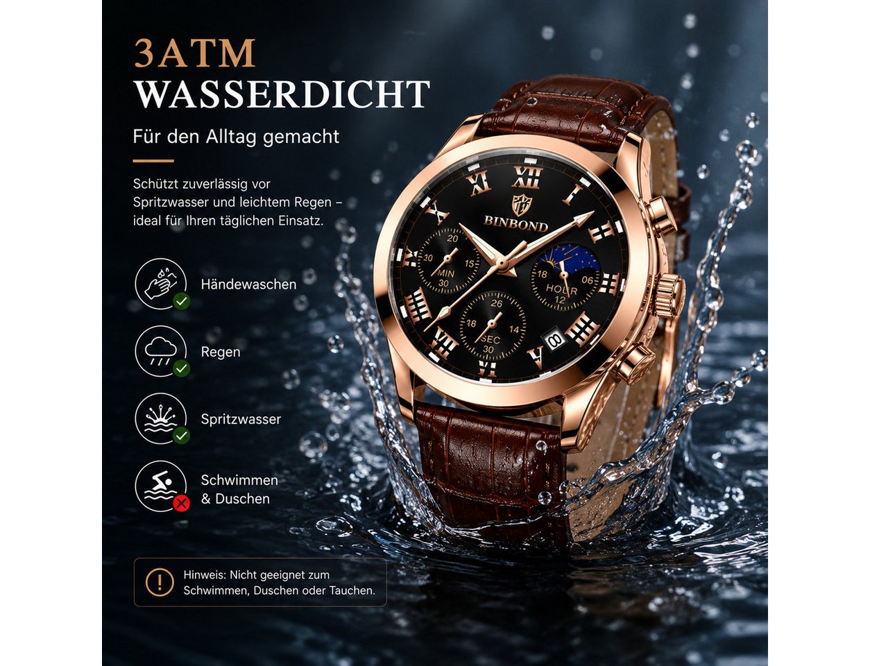 Forrlite Quarzuhr Herren, Lederuhr, Businessuhr mit braunem Lederarmband, (Analoguhr, Dresswatch für Büro, Freizeit und besondere Anlässe), 43 mm, 3 ATM, PE90,  – Bild 5 von 5