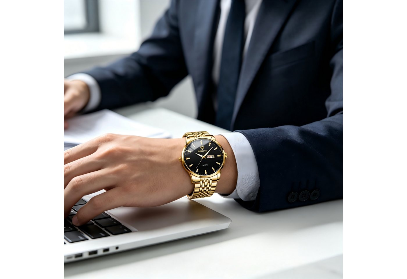 Forrlite Quarzuhr Herren, Armbanduhr, Businessuhr mit Metallarmband, (Analoguhr, Herrenuhr, Edelstahl-Armbanduhr für Büro und Anlass), 42 mm, Datum, Mineralglas – Bild 2 von 5