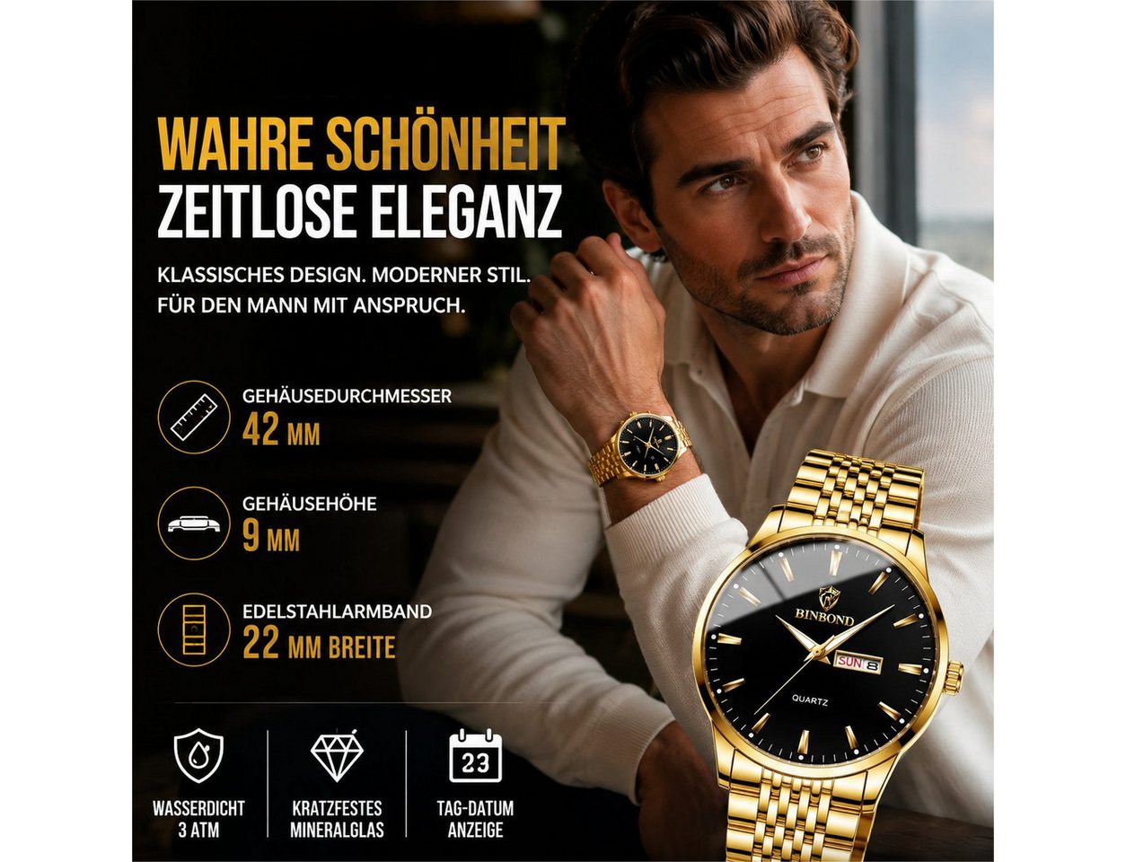 Forrlite Quarzuhr Herren, Armbanduhr, Businessuhr mit Metallarmband, (Analoguhr, Herrenuhr, Edelstahl-Armbanduhr für Büro und Anlass), 42 mm, Datum, Mineralglas – Bild 3 von 5