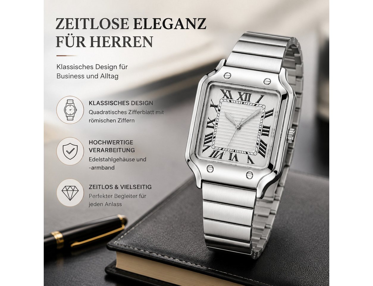 Forrlite Quarzuhr Herren, Edelstahl-Armbanduhr, quadratisches Zifferblatt, (Businessuhr mit römischen Ziffern, Silber, für Büro und Freizeit), Quadratisches Zif – Bild 2 von 5