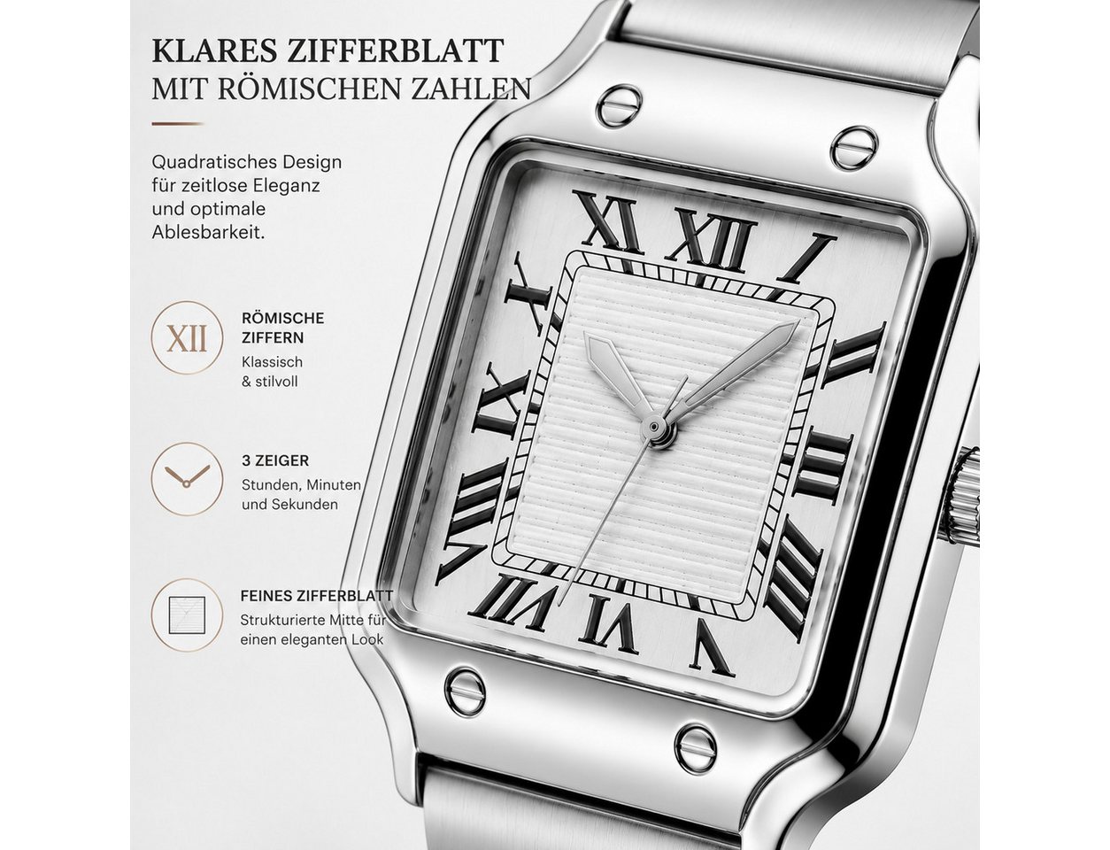 Forrlite Quarzuhr Herren, Edelstahl-Armbanduhr, quadratisches Zifferblatt, (Businessuhr mit römischen Ziffern, Silber, für Büro und Freizeit), Quadratisches Zif – Bild 3 von 5