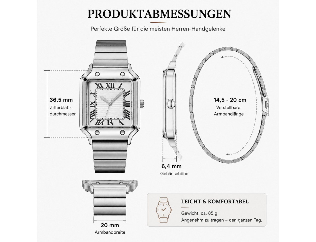 Forrlite Quarzuhr Herren, Edelstahl-Armbanduhr, quadratisches Zifferblatt, (Businessuhr mit römischen Ziffern, Silber, für Büro und Freizeit), Quadratisches Zif – Bild 4 von 5