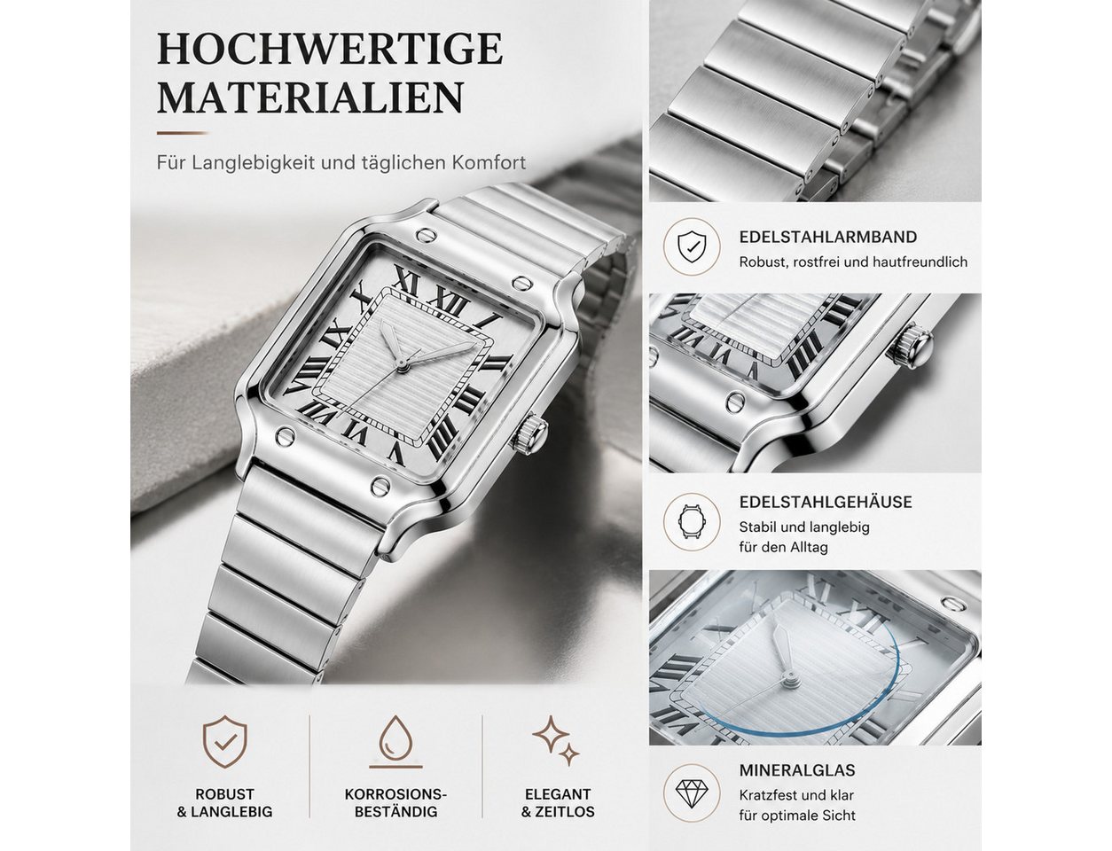 Forrlite Quarzuhr Herren, Edelstahl-Armbanduhr, quadratisches Zifferblatt, (Businessuhr mit römischen Ziffern, Silber, für Büro und Freizeit), Quadratisches Zif – Bild 5 von 5