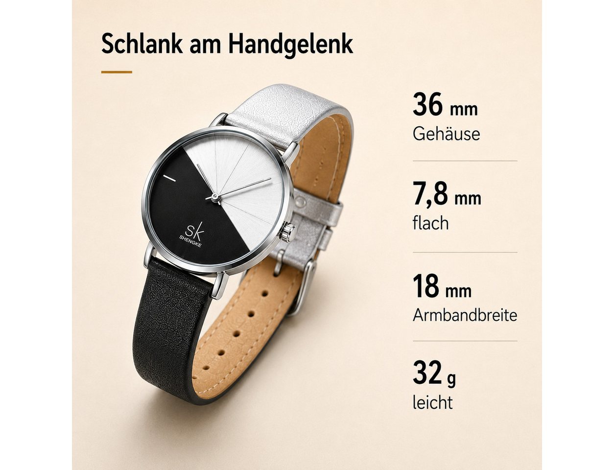 Forrlite Quarzuhr mit Lederarmband, elegante Analoguhr Damen Armbanduhr, (Businessuhr für Damen mit geometrischem Zifferblatt), 3 ATM, ca. 32 g, 36 mm Gehäuse,  – Bild 2 von 5