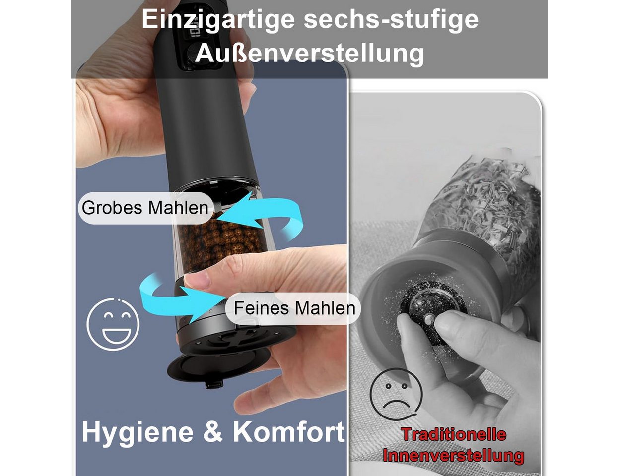 Forrlite Salz-/Pfeffermühle Pfeffermühle elektrisch, Gewürzmühle elektrisch 2er Set (Wiederaufladbar, LED Beleuchtung, mit einstellbarem Keramikmahlwerk, Reinig – Bild 5 von 5
