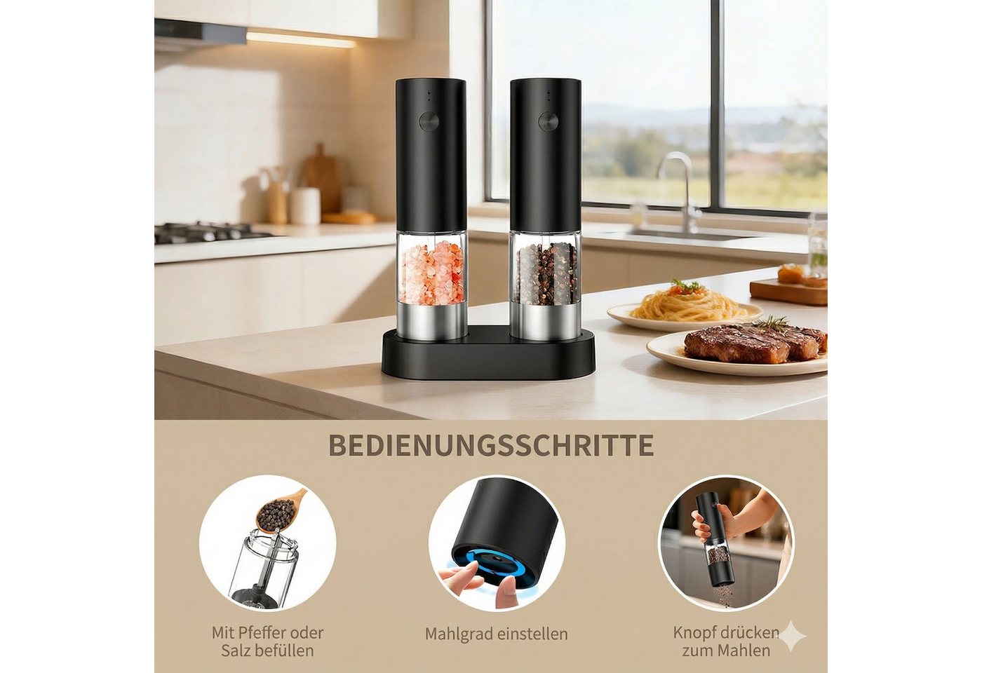 Forrlite Salz-/Pfeffermühle Pfeffermühle elektrisch, Gewürzmühle elektrisch 2er Set (Wiederaufladbar, LED Beleuchtung, mit einstellbarem Keramikmahlwerk, Reinig – Bild 4 von 5