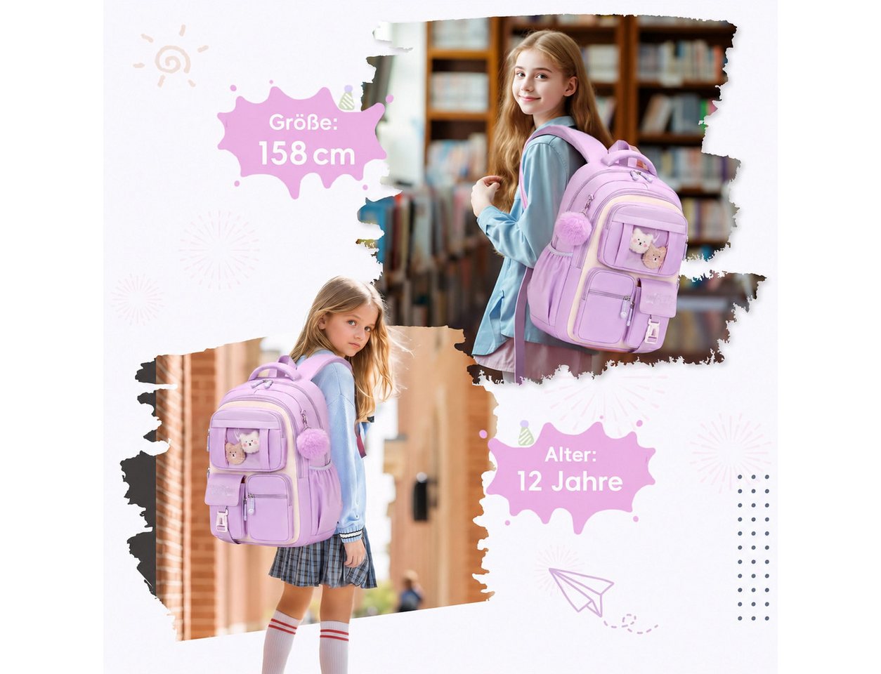 Forrlite Schulrucksack Mädchen, Schülerrucksack ergonomisch, Schultasche Kinder (Freizeitrucksack mit Reflexstreifen für Schule, Alltag und Reise, Ergonomisch,  – Bild 2 von 5