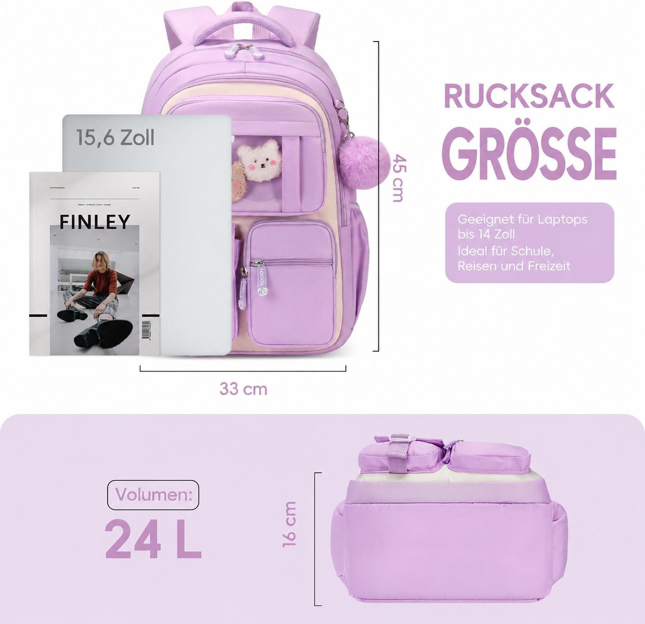 Forrlite Schulrucksack Mädchen, Schülerrucksack ergonomisch, Schultasche Kinder (Freizeitrucksack mit Reflexstreifen für Schule, Alltag und Reise, Ergonomisch,  – Bild 3 von 5