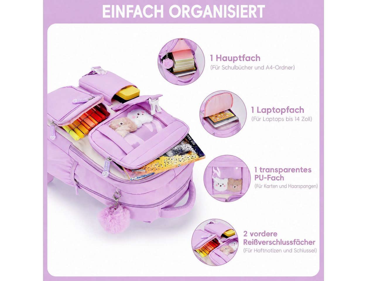Forrlite Schulrucksack Mädchen, Schülerrucksack ergonomisch, Schultasche Kinder (Freizeitrucksack mit Reflexstreifen für Schule, Alltag und Reise, Ergonomisch,  – Bild 4 von 5