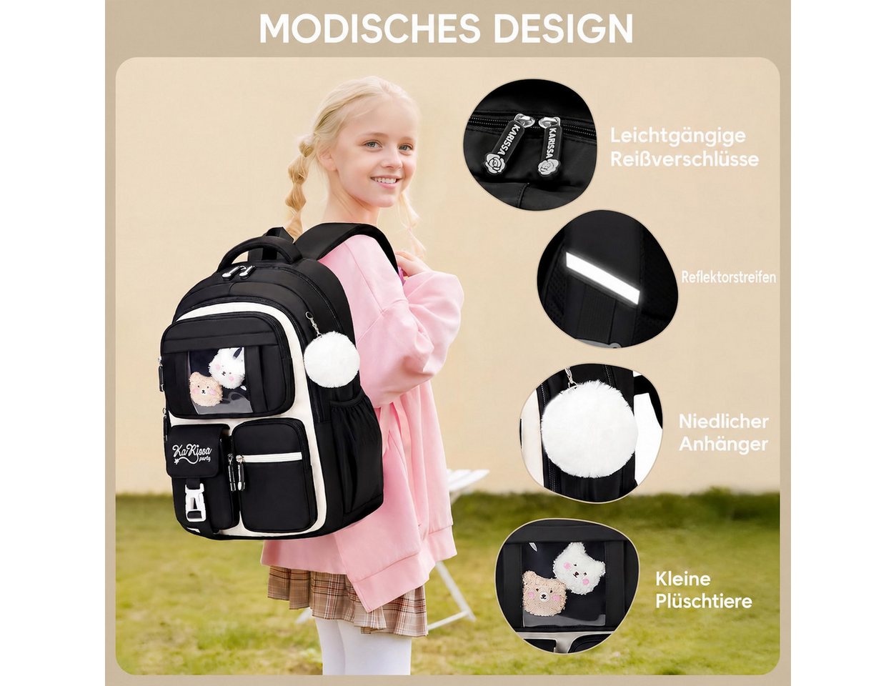 Forrlite Schulrucksack Mädchen, Schülerrucksack ergonomisch, Schultasche Kinder (Freizeitrucksack mit Reflexstreifen für Schule, Alltag und Reise, Ergonomisch,  – Bild 2 von 5