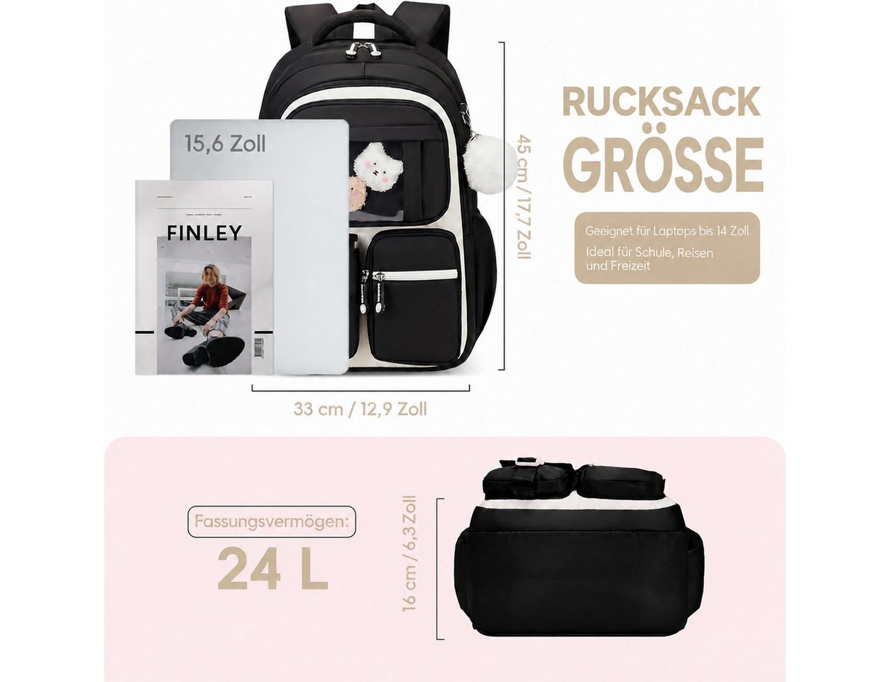 Forrlite Schulrucksack Mädchen, Schülerrucksack ergonomisch, Schultasche Kinder (Freizeitrucksack mit Reflexstreifen für Schule, Alltag und Reise, Ergonomisch,  – Bild 3 von 5