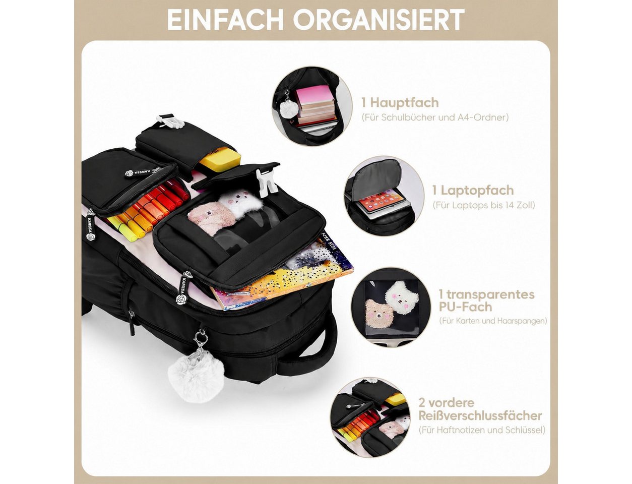 Forrlite Schulrucksack Mädchen, Schülerrucksack ergonomisch, Schultasche Kinder (Freizeitrucksack mit Reflexstreifen für Schule, Alltag und Reise, Ergonomisch,  – Bild 4 von 5