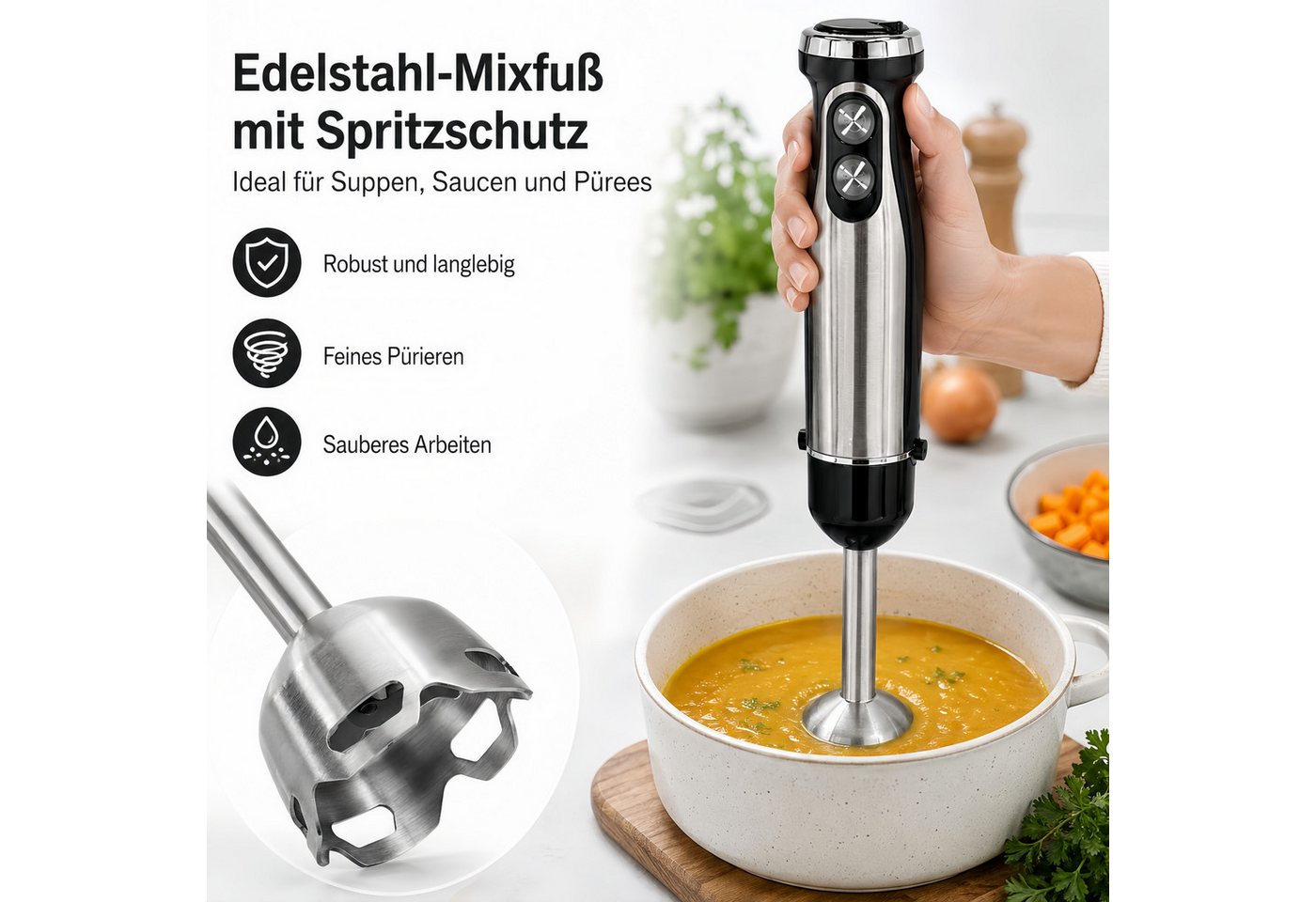 Forrlite Stabmixer 5-in-1 mixer-Set,Edelstahl-Pürierstab mit stufenloser Geschwindigkeit, 1500 W, Handmixer,Zerkleinerer, Schneebesen, Milchaufschäumer und Mess – Bild 2 von 5