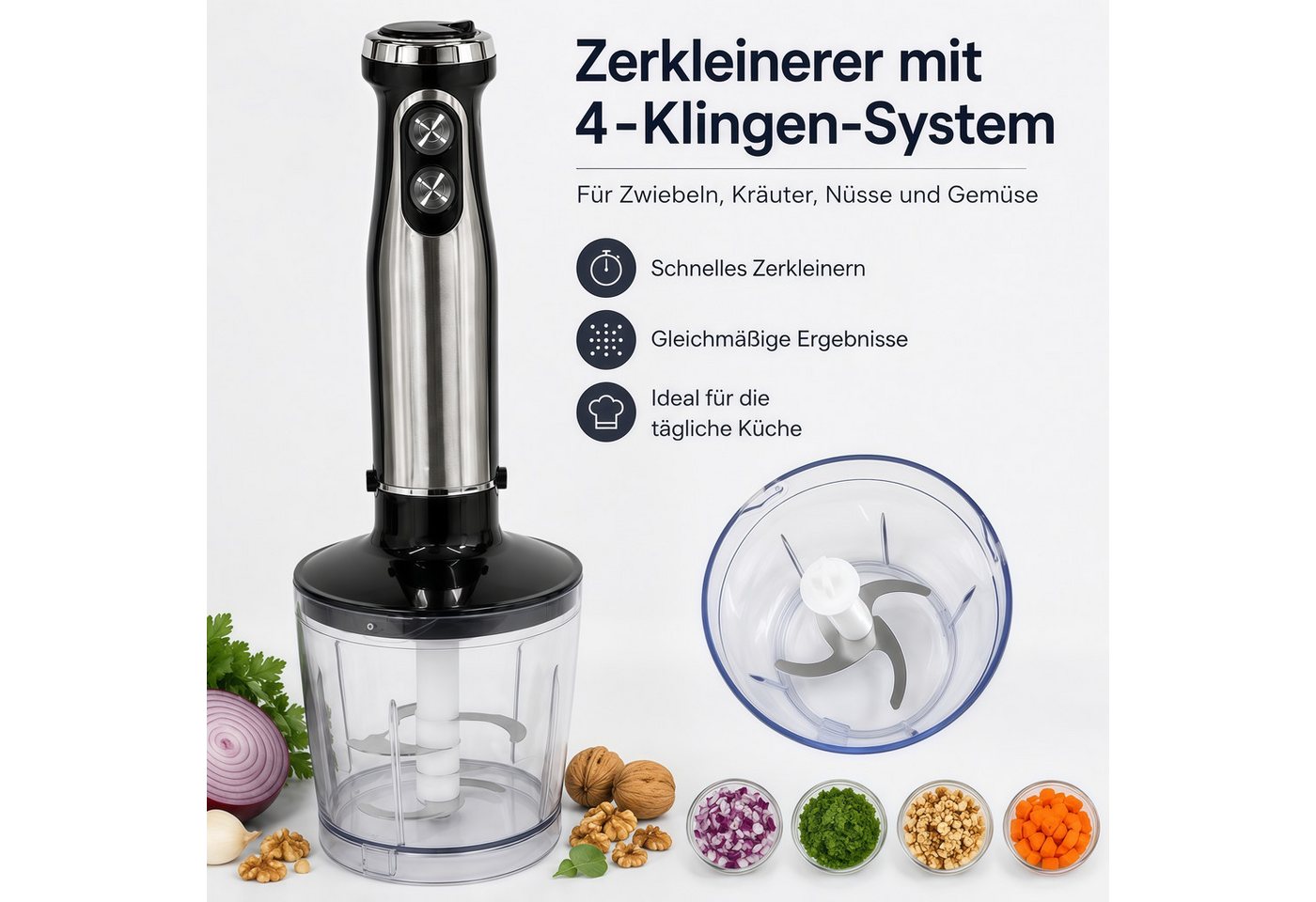 Forrlite Stabmixer 5-in-1 mixer-Set,Edelstahl-Pürierstab mit stufenloser Geschwindigkeit, 1500 W, Handmixer,Zerkleinerer, Schneebesen, Milchaufschäumer und Mess – Bild 5 von 5
