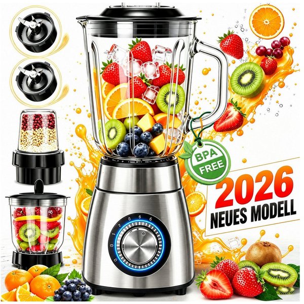 Forrlite Standmixer 2026 Neu Standmixer,Smoothie Maker Maximalstufe 2000W,Glas VitaBoost, 2000 W, Edelstahl Milchshaker Blender 1,5 L,Eiscrusher,6-Klingen für I
