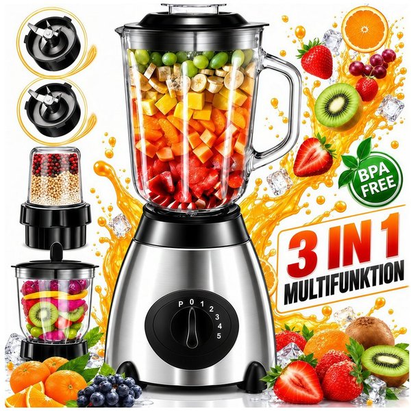 Forrlite Standmixer 2026 Neu Standmixer,Mixer VitaBoost,Edelstahl Silber Glas Smoothie, 2000 W, Maker,Milchshaker Blender 1,5 L,Eiscrusher,6-Klingen für Ice Pür