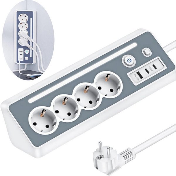 Forrlite Steckdosenleisten Eck-Steckdosenleiste PD-Schnellaufladung 7 Fach Mehrfachsteckdose (Ein- / Ausschalter, USB-Anschlüsse, Schalterbeleuchtung, 3680W 16A