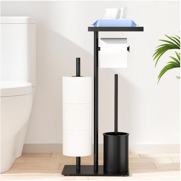 Forrlite Toilettenpapierhalter WC-Garnitur, Bad-Organizer, freistehend (Bürstenhalter, Ersatzrollenhalter mit Ablage, 4-in-1), WC-Station mit Bürste, Ablage und