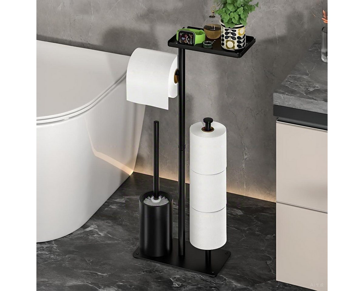 Forrlite Toilettenpapierhalter WC-Garnitur, Bad-Organizer, freistehend (Bürstenhalter, Ersatzrollenhalter mit Ablage, 4-in-1), WC-Station mit Bürste, Ablage und – Bild 3 von 5