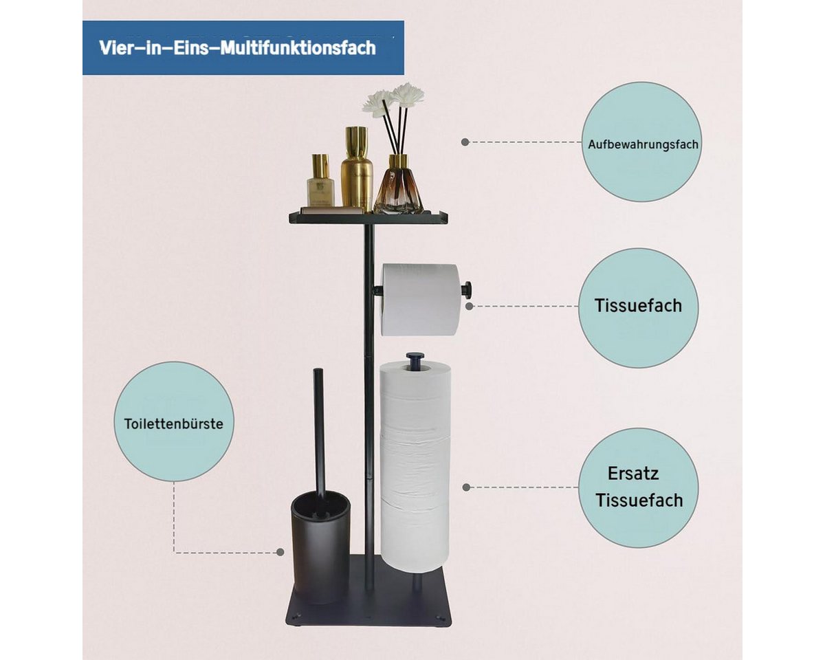 Forrlite Toilettenpapierhalter WC-Garnitur, Bad-Organizer, freistehend (Bürstenhalter, Ersatzrollenhalter mit Ablage, 4-in-1), WC-Station mit Bürste, Ablage und – Bild 4 von 5