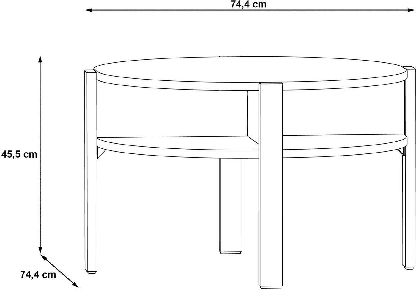 FORTE Beistelltisch Tobago, runder Couchtisch mit 4 Ablagefächern, B/H/T 74,4/45,5/74,4 cm, Durchmesser ca. 74,5 cm – Bild 3 von 4