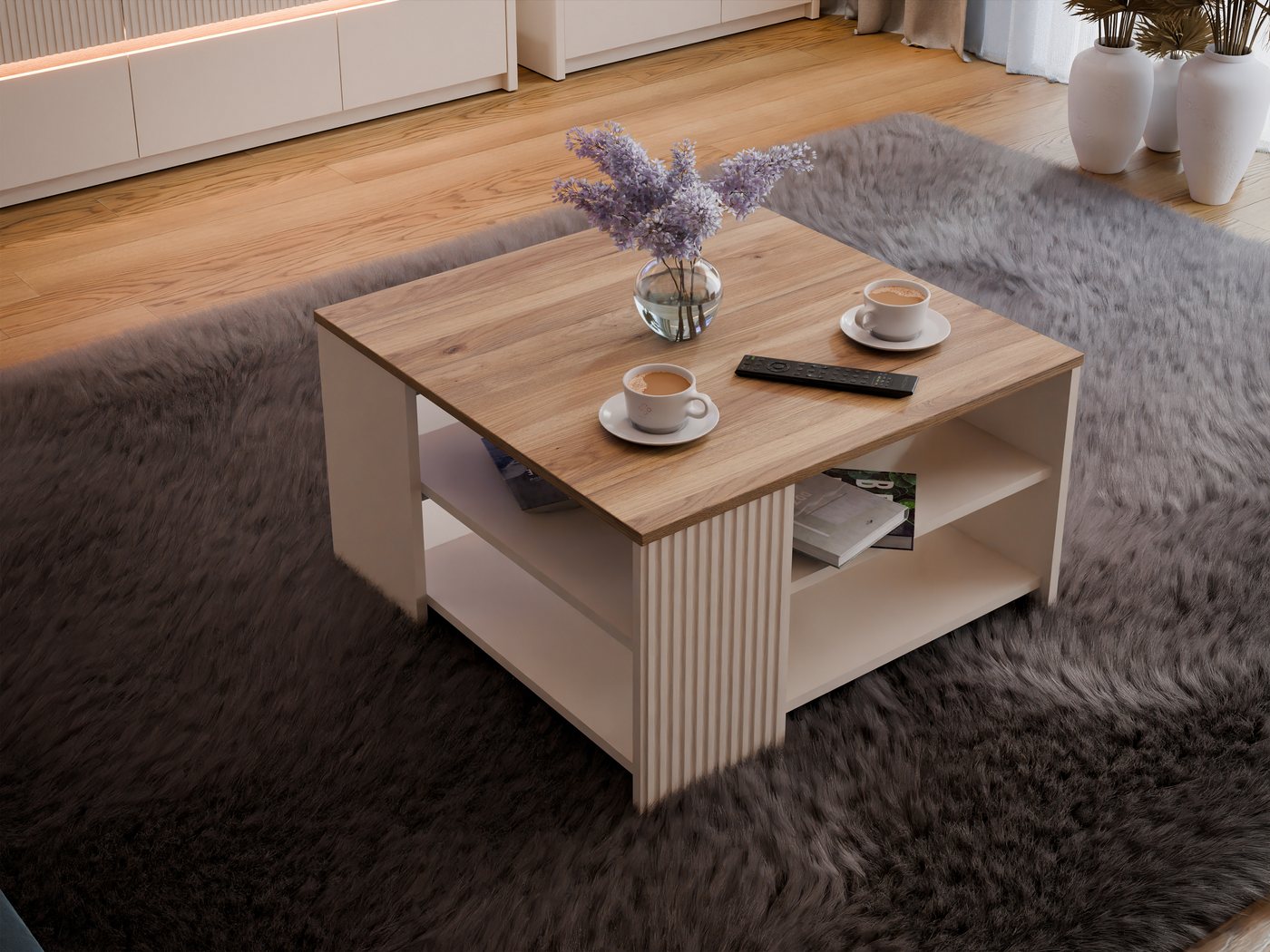 FORTE Couchtisch Oak Squere, Ablageboden, Lamellenoptik,2 farbiges Dekor, B/H/T 80/45/80cm Tischplatte Holzdekor – Bild 2 von 5