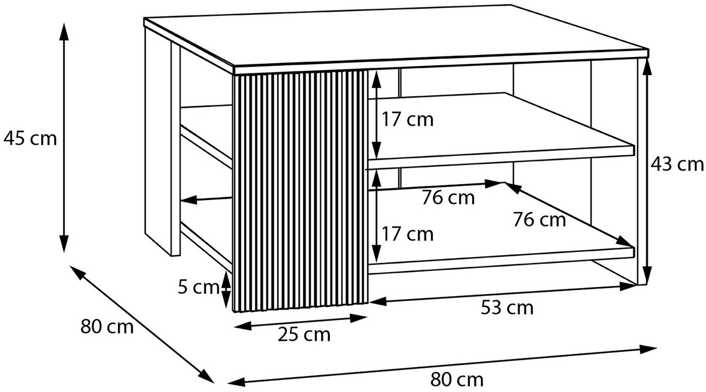 FORTE Couchtisch Oak Squere, Ablageboden, Lamellenoptik,2 farbiges Dekor, B/H/T 80/45/80cm Tischplatte Holzdekor – Bild 4 von 5