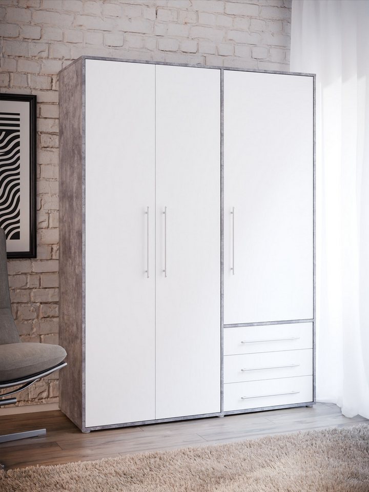 FORTE Drehtürenschrank Kleiderschrank,zeitloses Design,3 türig viel Stauraum, Schubladen, Stangengriffe, Made in Europe – Bild 2 von 5