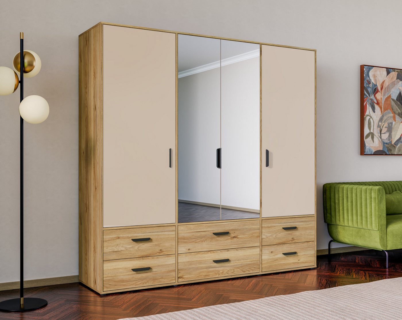FORTE Drehtürenschrank Schrank mit Spiegel, zeitloses Design, 4türig viel Stauraum, Schubladen, Spiegeltürenm Höhe 200 cm – Bild 2 von 5