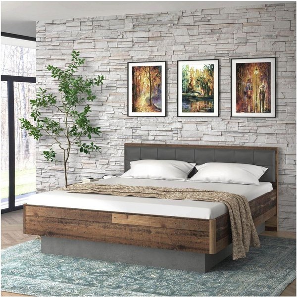FORTE Futonbett Clif, Bettanlage, Old – Wood Vintage, Betonoptik Dunkelgrau (Liegefläche 180x200cm), mit gepolstertem Kopfteil aus Kunstleder, bis 220KG belastb