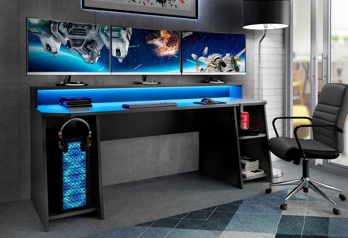 FORTE Gamingtisch Tezaur, Schreibtisch mit RGB-Beleuchtung und Halterungen, Breite 200 cm – Bild 2 von 5