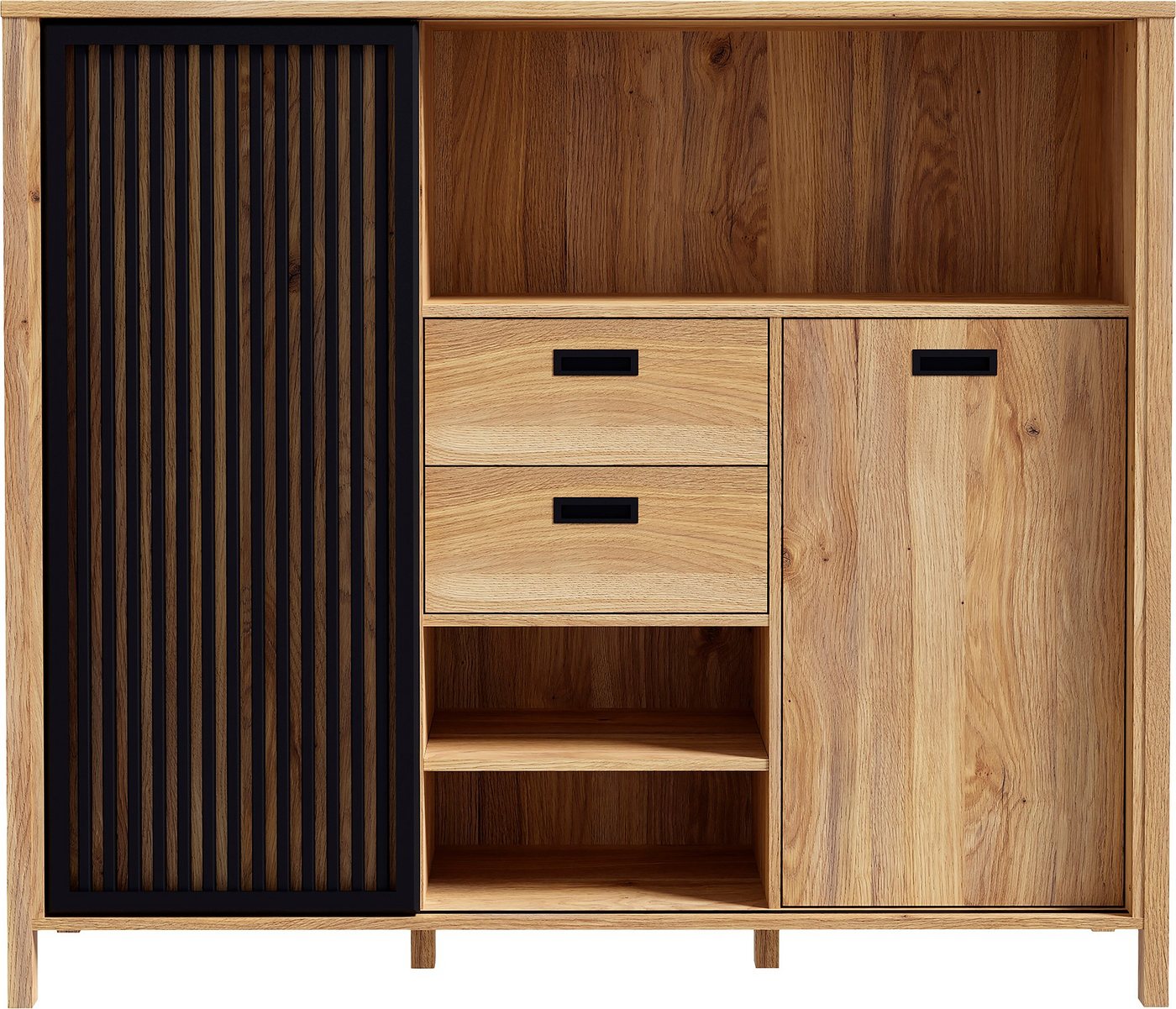 FORTE Highboard Jytana, Breite 149,9 cm, Schiebetüre mit Lamellenoptik, Mauvella Eiche/Schwarz – Bild 2 von 5