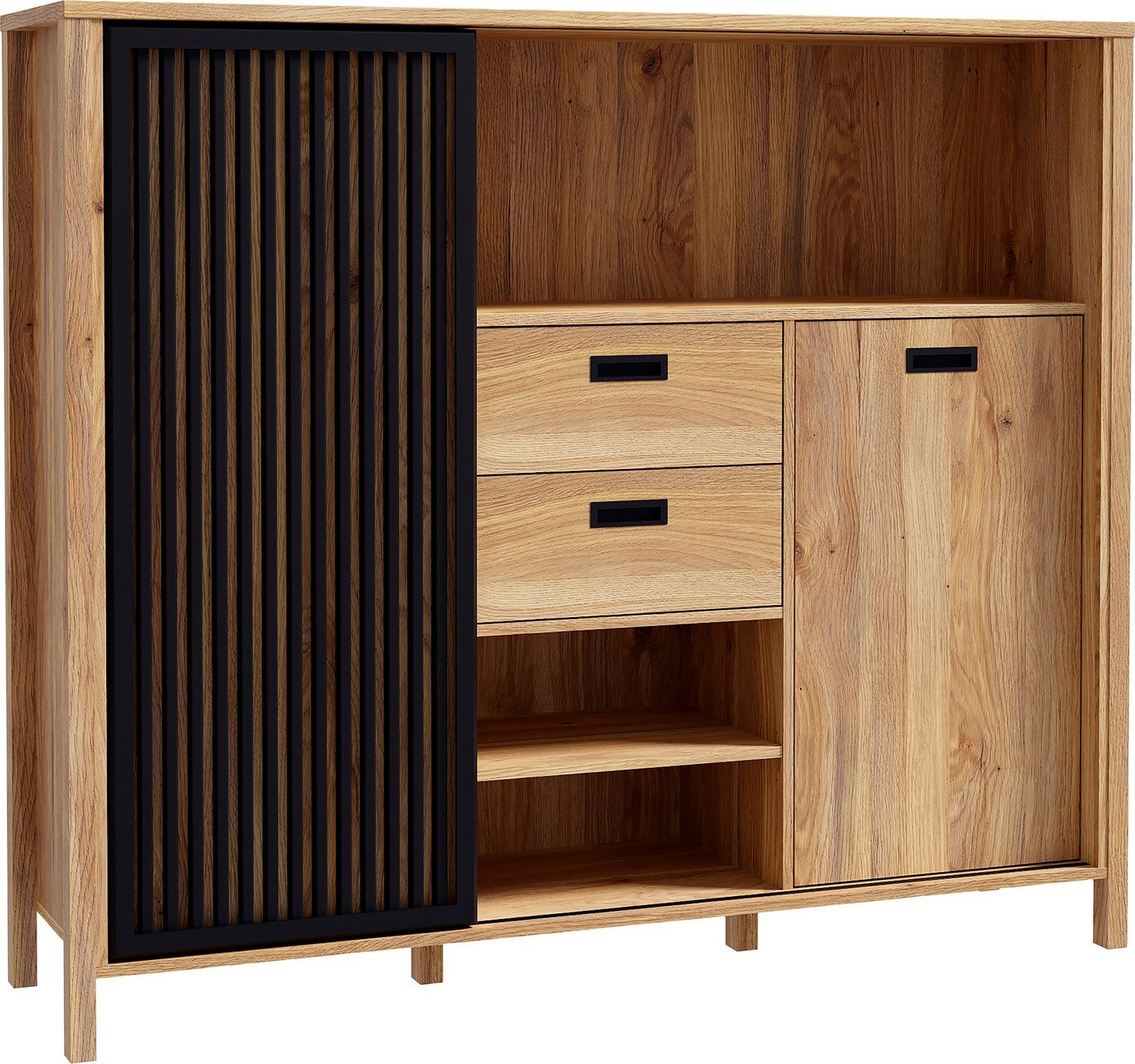 FORTE Highboard Jytana, Breite 149,9 cm, Schiebetüre mit Lamellenoptik, Mauvella Eiche/Schwarz – Bild 3 von 5