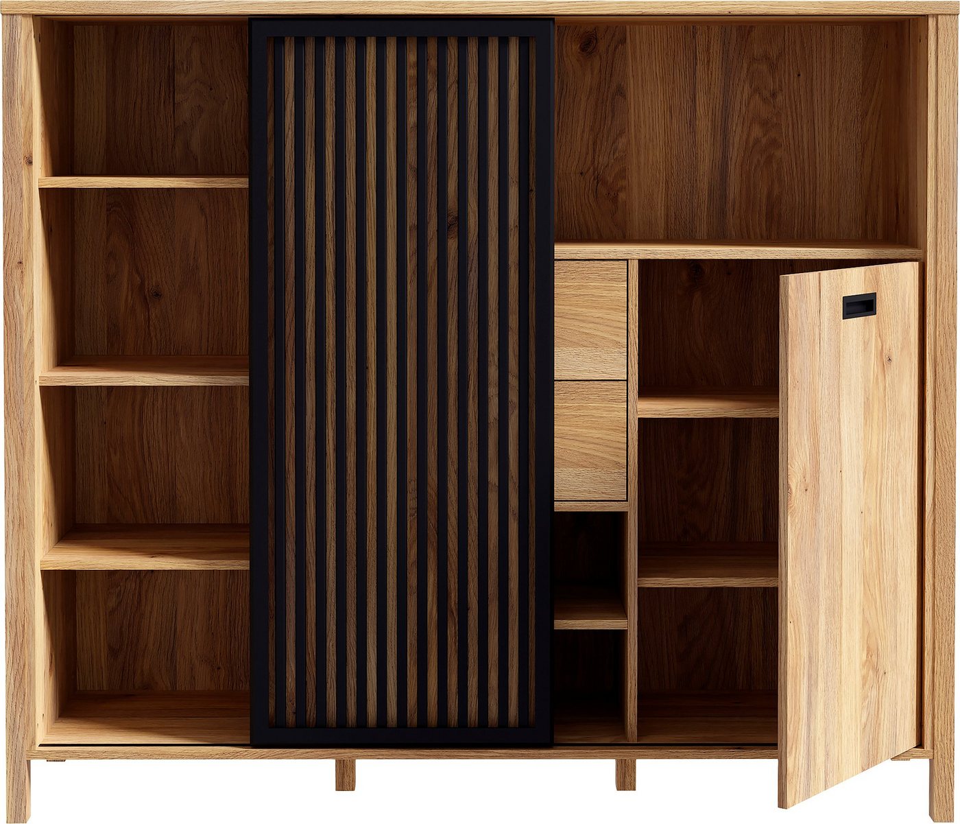 FORTE Highboard Jytana, Breite 149,9 cm, Schiebetüre mit Lamellenoptik, Mauvella Eiche/Schwarz – Bild 4 von 5