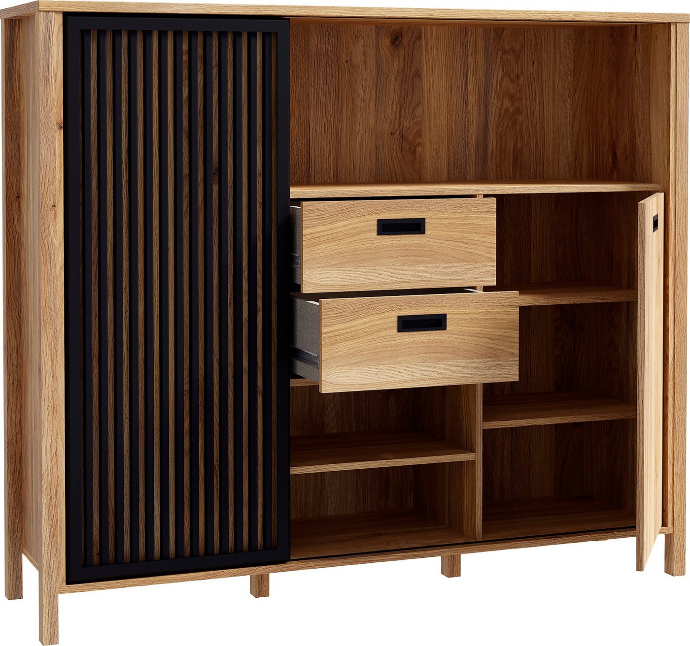 FORTE Highboard Jytana, Breite 149,9 cm, Schiebetüre mit Lamellenoptik, Mauvella Eiche/Schwarz – Bild 5 von 5