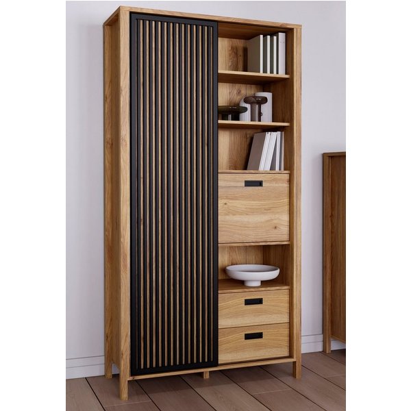 FORTE Highboard Jytana, Höhe 200,3 cm, Schiebetüre mit Lamellenoptik, Mauvella Eiche / Schwarz