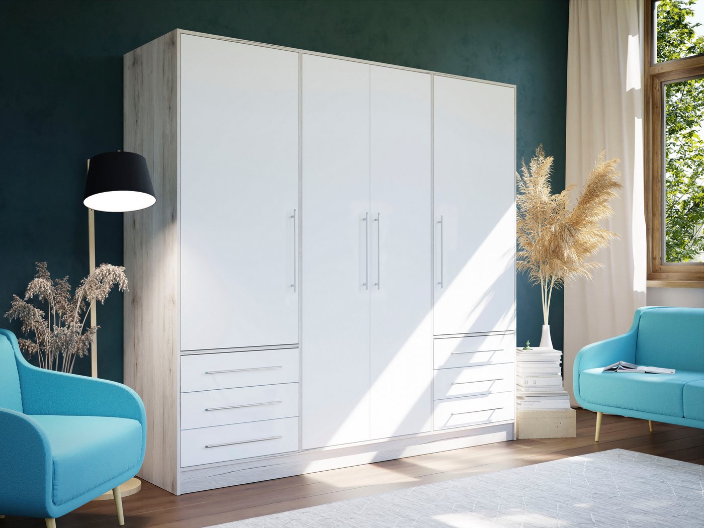 FORTE Kleiderschrank Jupiter, Made in Europe, mit 6 Schubladen, Stauraum (Maße B/H/T ca. 207/200 cm/60) Stauraum, 2 Breiten, 4 Farben, Schubladen, variable Einl – Bild 3 von 5