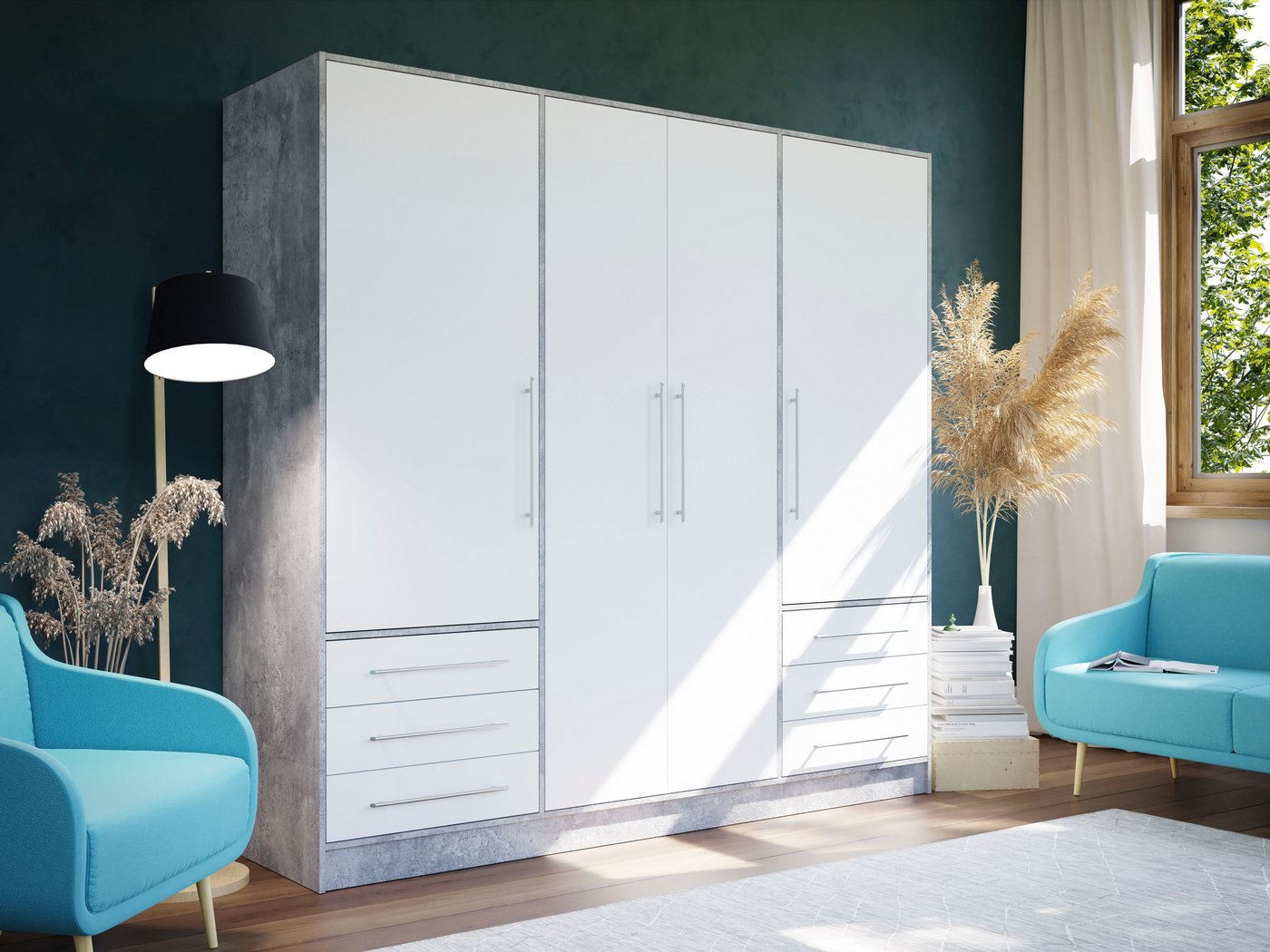 FORTE Kleiderschrank Jupiter, Made in Europe, mit 6 Schubladen, Stauraum (Maße B/H/T ca. 207/200 cm/60) Stauraum, 2 Breiten, 4 Farben, Schubladen, variable Einl – Bild 5 von 5