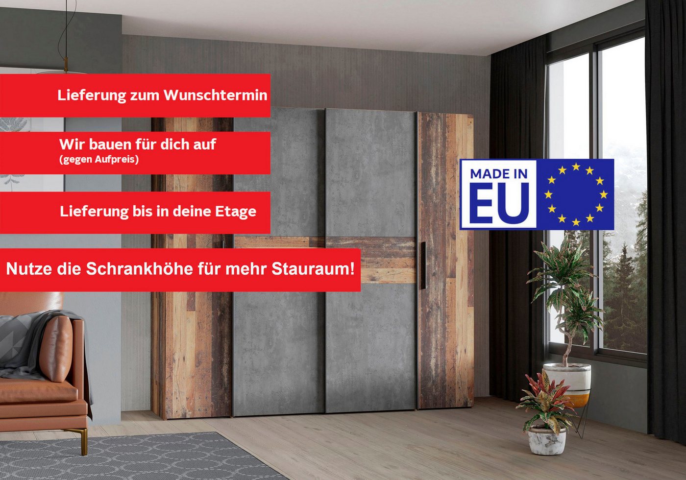 FORTE Kleiderschrank Kalixtus, Made in Europe (B/H/T ca. 200x190x60 cm, 2 Schiebetüren, 2 Drehtüren, 8 Einlegeböden) Kombination aus Dreh- und Schwebetüren, meh – Bild 3 von 5