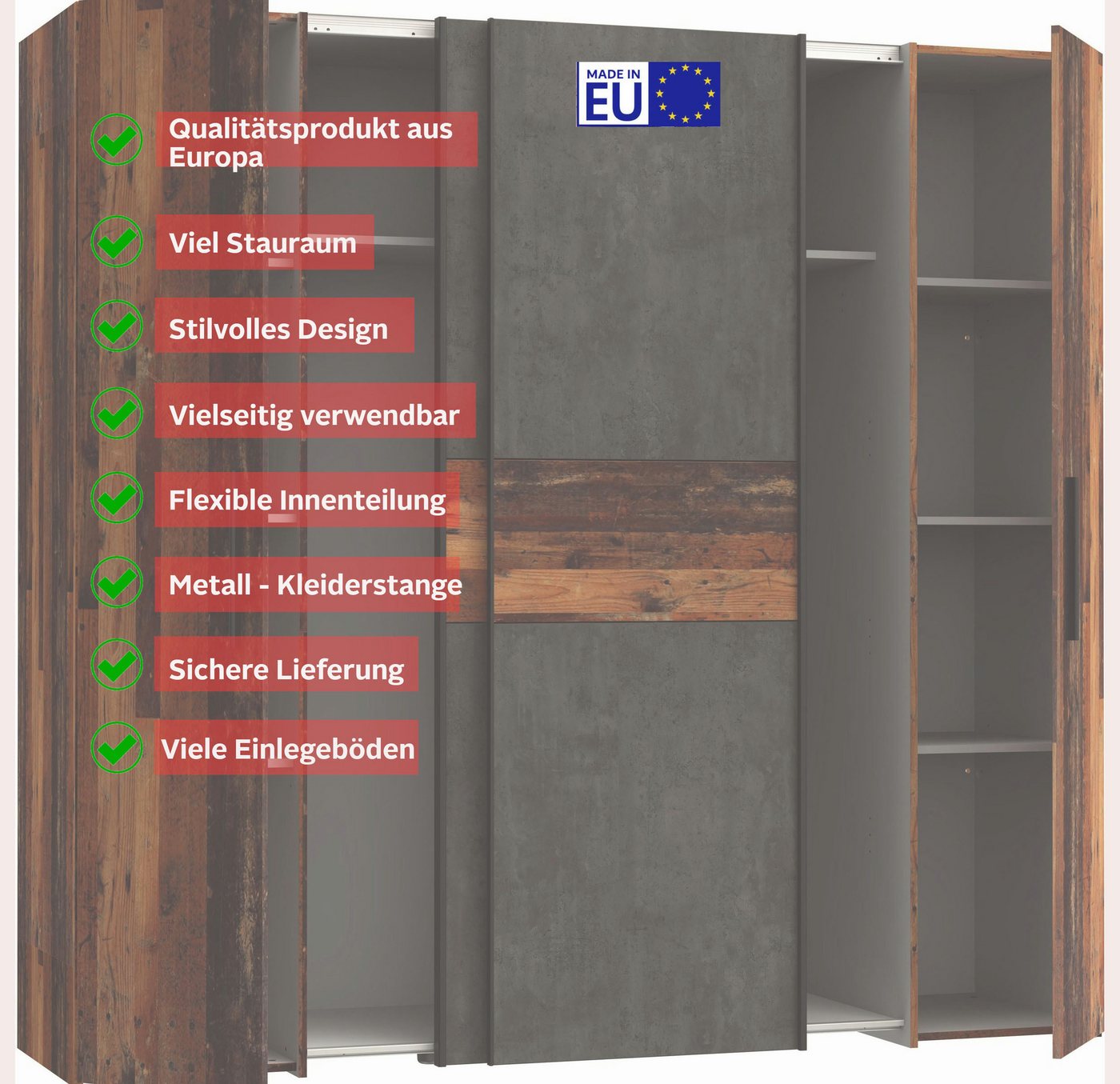 FORTE Kleiderschrank Kalixtus, Made in Europe (B/H/T ca. 200x190x60 cm, 2 Schiebetüren, 2 Drehtüren, 8 Einlegeböden) Kombination aus Dreh- und Schwebetüren, meh – Bild 4 von 5